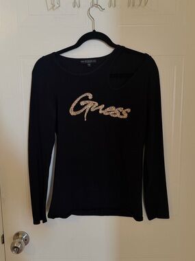 GUESS Black Long-Sleeve Top with Gold Sequin Logo